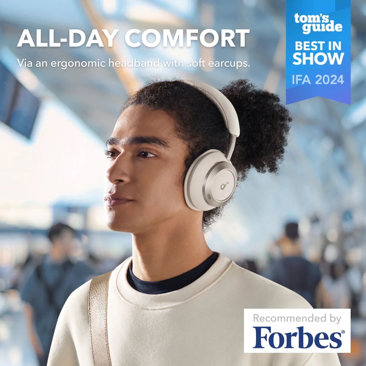 Anker Soundcore Space One Pro Wireless Active Noise Cancelling Headphones, Hi-Res Audio Foldable Over-Ear Headphones, White