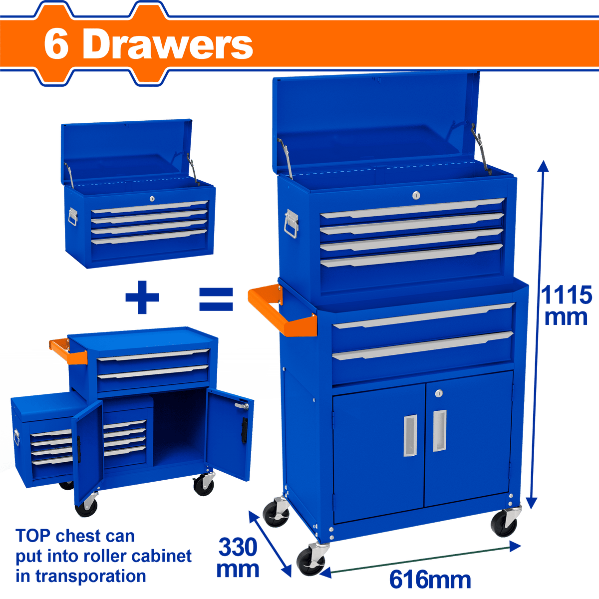 WADFOW Chest & Roller Tool Cabinet with 6 Drawers, Heavy-Duty Steel Storage with Ball Bearing Slides