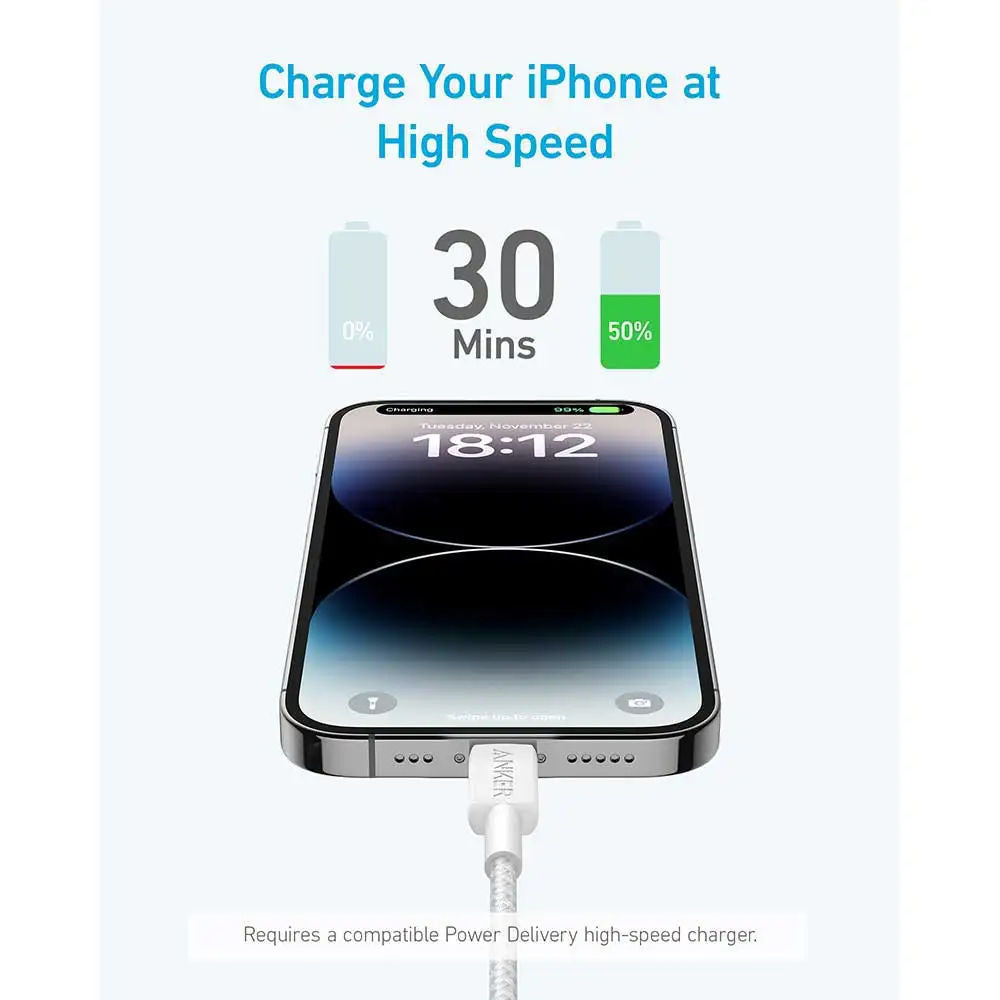Anker 322 USB-C to Lightning Cable 3ft Fast Charging Braided, White