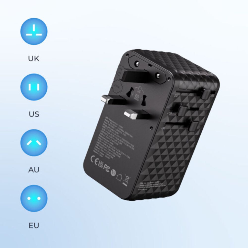 Blupebble Passport 7 World Travel Adapter with GaN Technology 140W + 2 USB-C + 1 USB-A with Retractable Cable, Black
