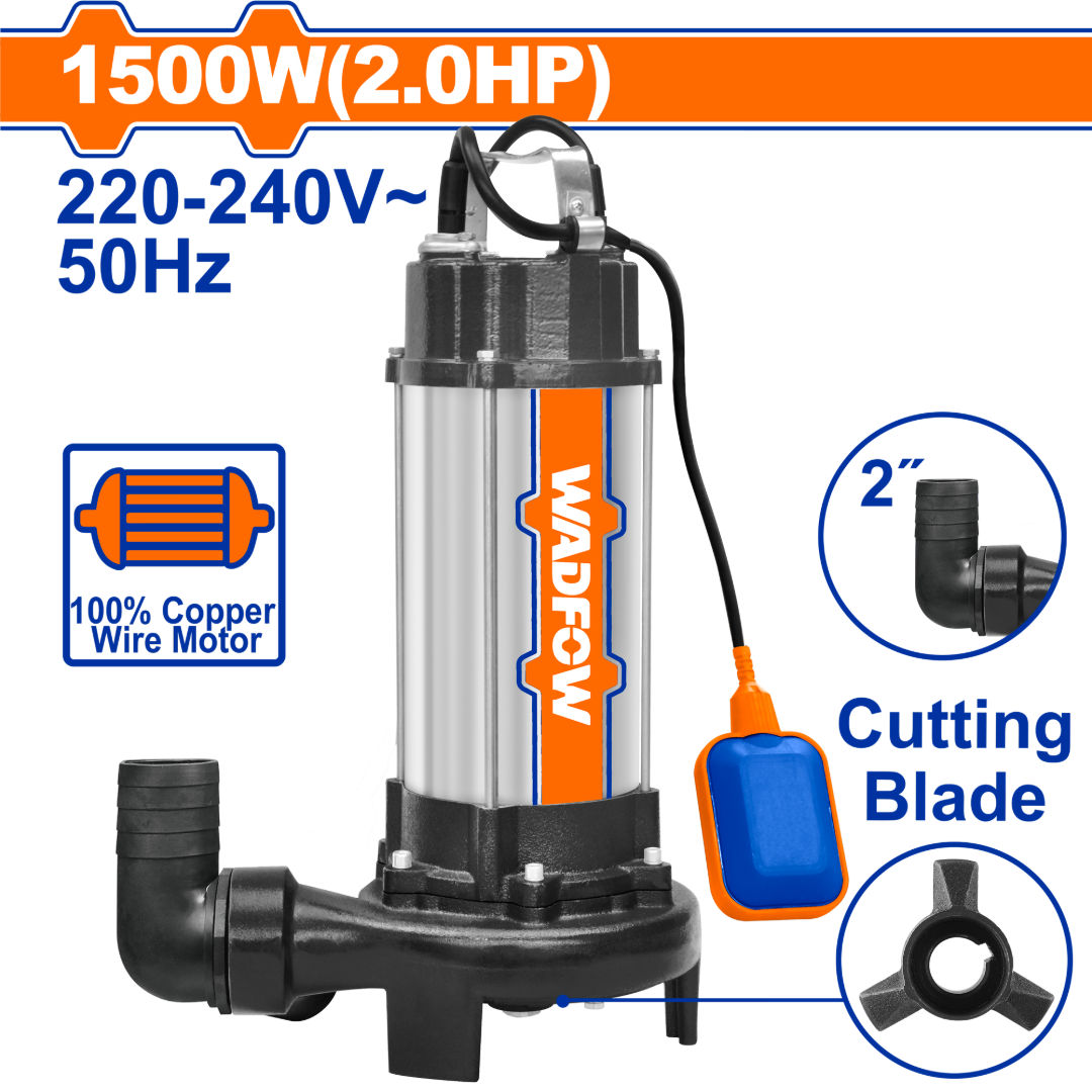 WADFOW 2″ Sewage Submersible Pump, 1500W, 350L/min, 14.5m Head, Stainless/Cast Iron Body