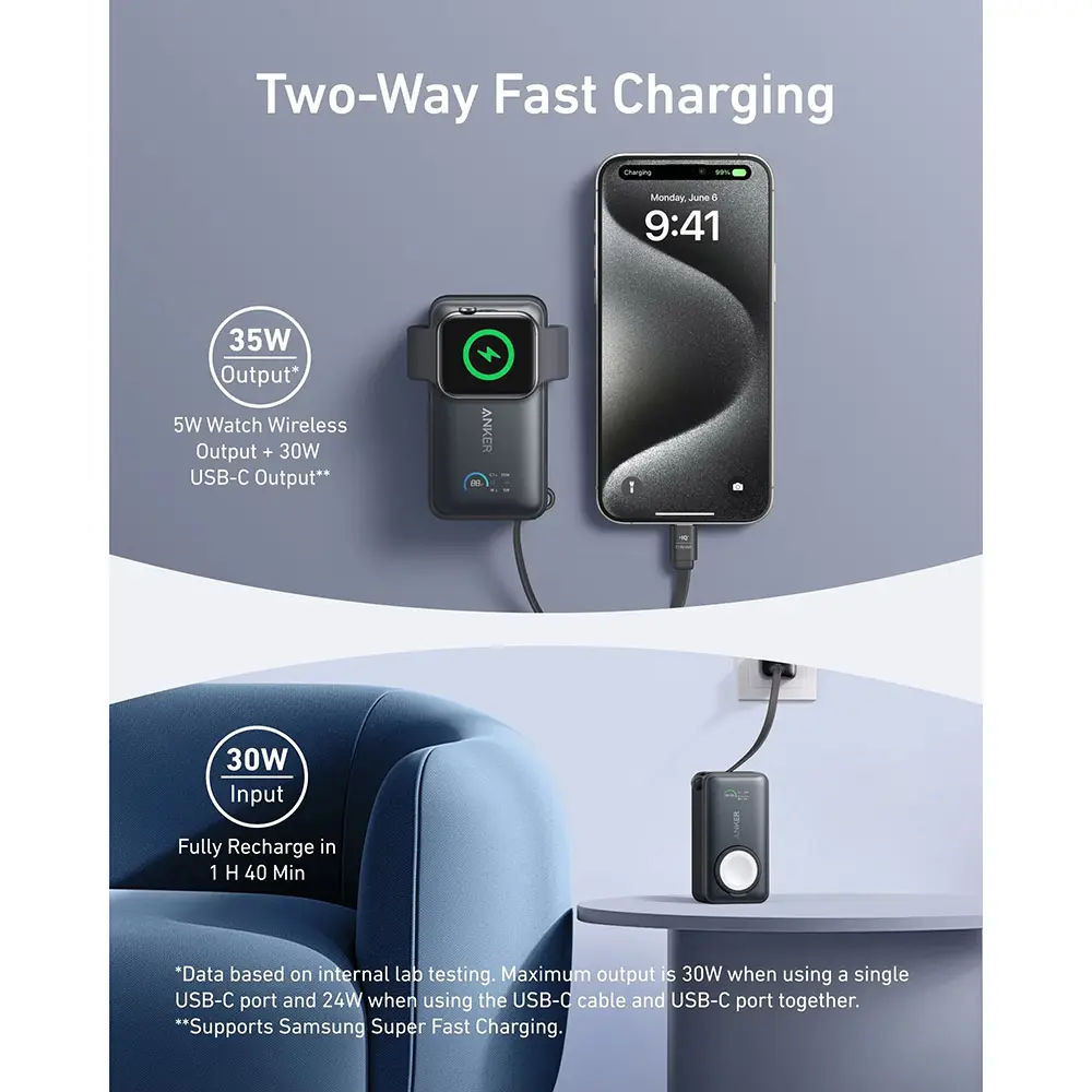 Anker MagGo 10,000mAh Power Bank with Apple Watch Charger, Built-In Cable, Smart Display