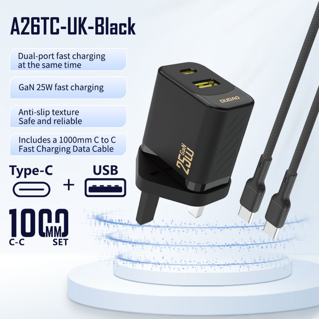 DUDAO A26TUK Dual Port Charger With USB-C Cable, 25W
