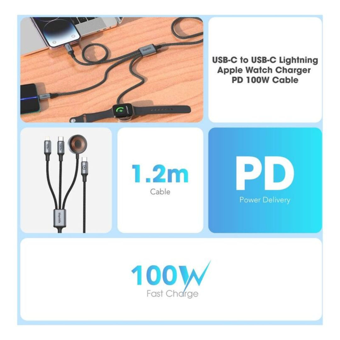 Blupebble PowerFlow USB-C to USB-C + Lightning + Watch Charger 100W PD, Fast Charging Cable, 1.2M, Black