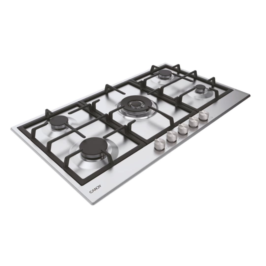 Candy CHG938WPX LPG Gas Hob 90cm, 5 Burners, Stainless Steel Inox, Cast Iron Grids, Made in Italy