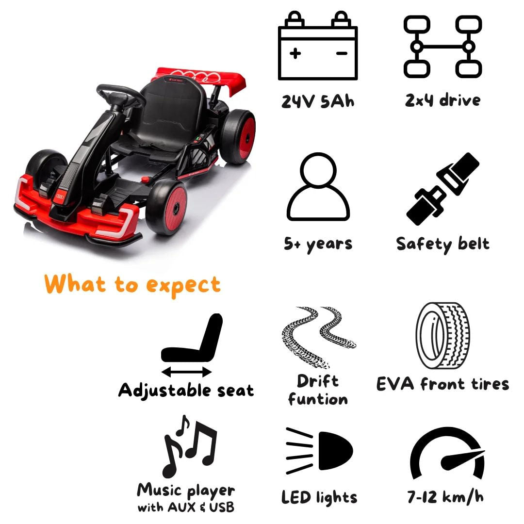 Audi Sport Drifting Ride-On Go Kart, 24V, Red, For Ages 4+ Years to 12+ Years