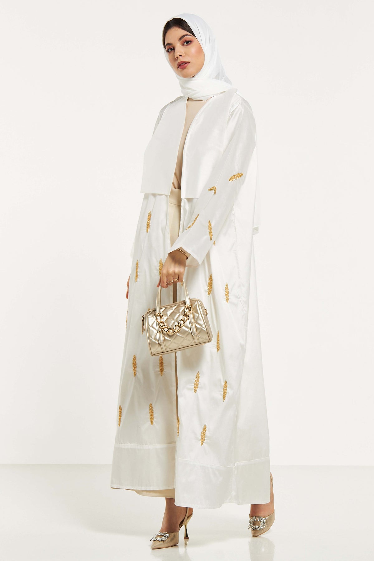 MOiSTREET Bead Embellished Abaya with Solid Panel Overlay and Sheila
