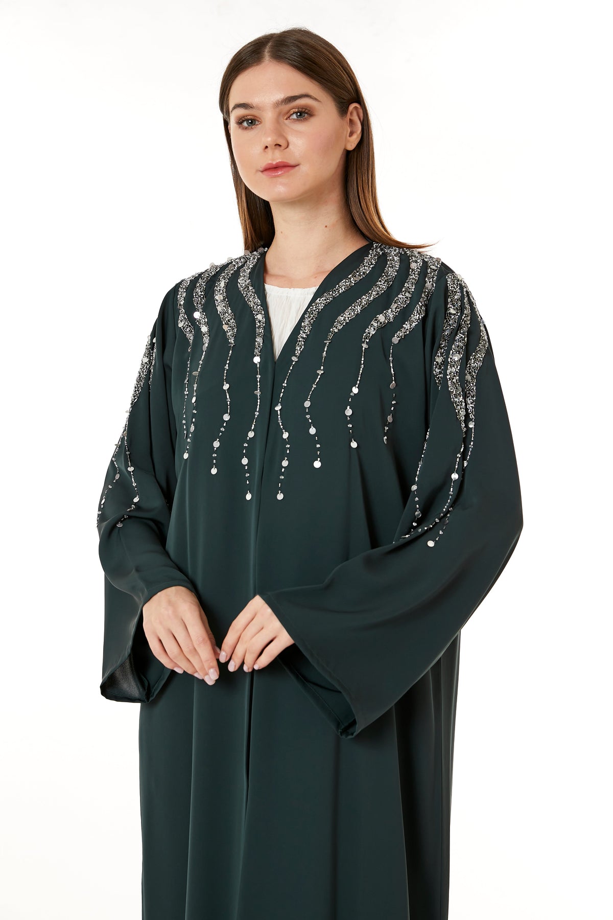 Dark Green Korean Nida Hand Embellished Abaya