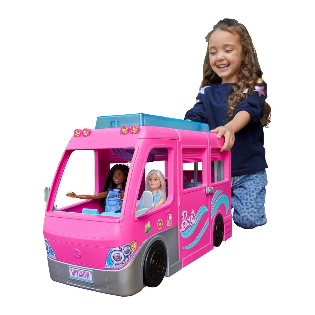Barbie Dream Camper Playset, Doll Camper with 30 Inch Slide, 7 Play Areas & 60 Accessories