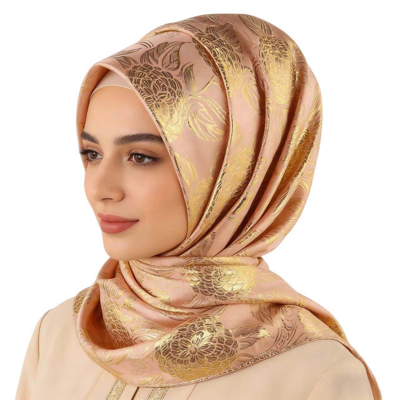Pink Gold Silk Jacquard Square Hijab Scarf for Women 90cm