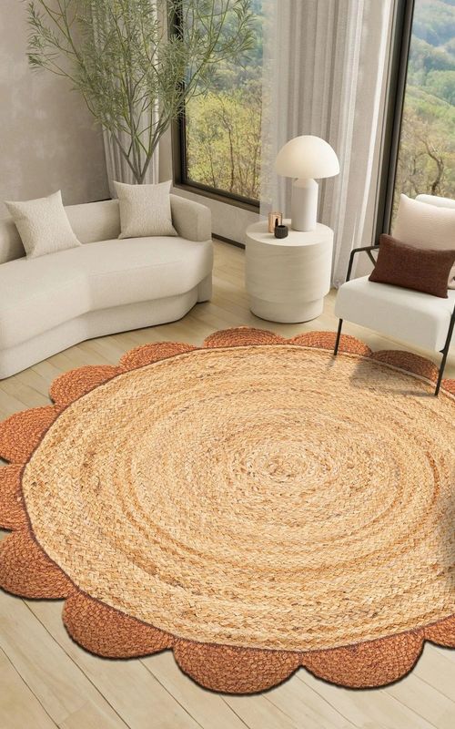 Handmade Round Scalloped Jute Rug with Orange Border – Natural Eco-Friendly Area Rug for Living Room & Home Decor