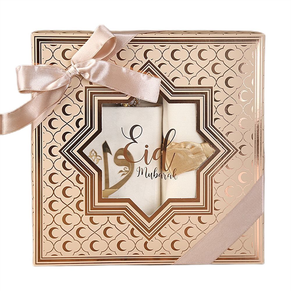 Gift Ramadan Package Eid Mubarak Cream Prayer Rug Rosary Quran Muslim Set (26*26*6 cm 850gr)