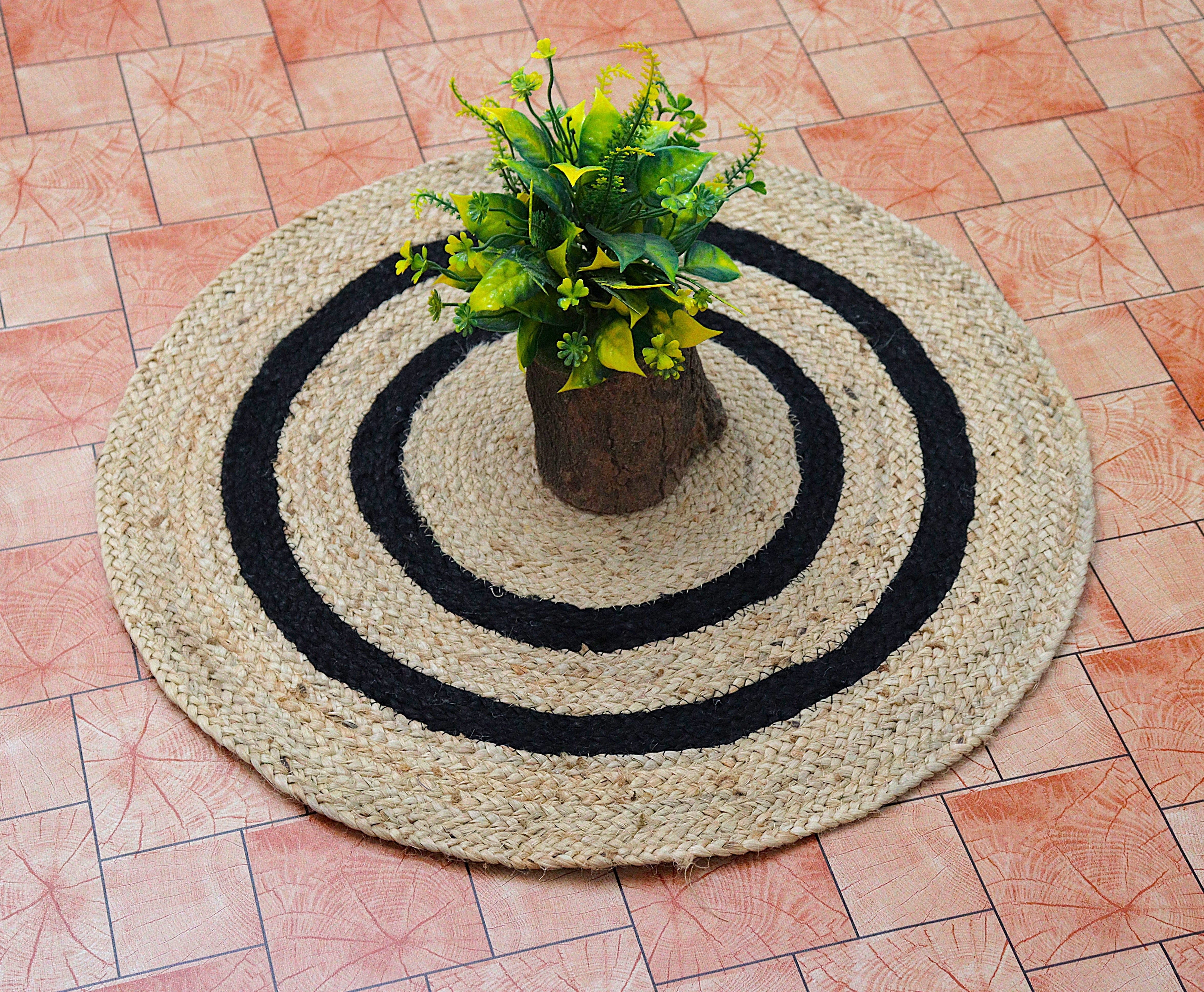 Round Jute Rug with Black Rings | Handwoven Natural Boho Circle Carpet