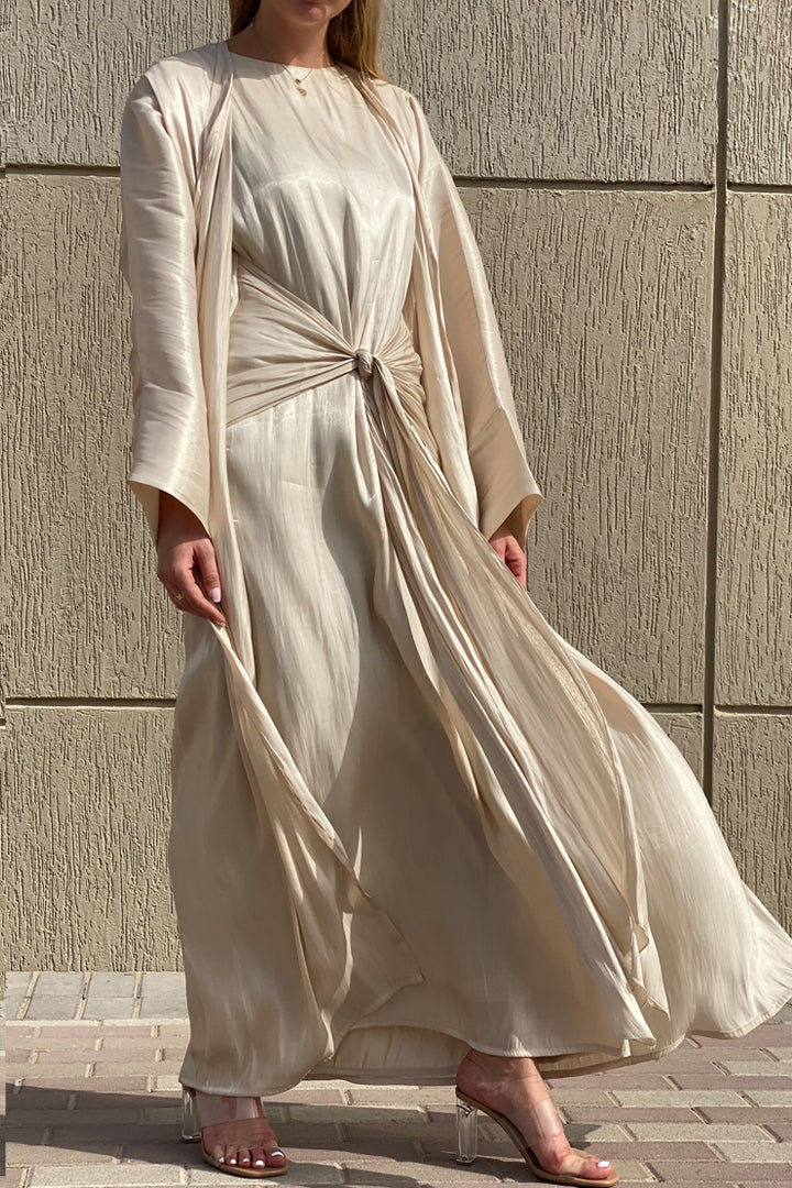 MOiSTREET Rotana Shimmer Beige Abaya Set Comes With 3 Piece