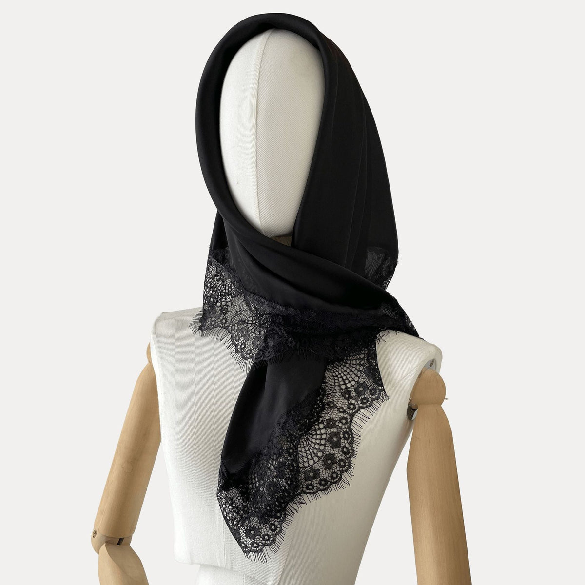 White Satin Square Scarf with Lace Trim for Women 75x75cm