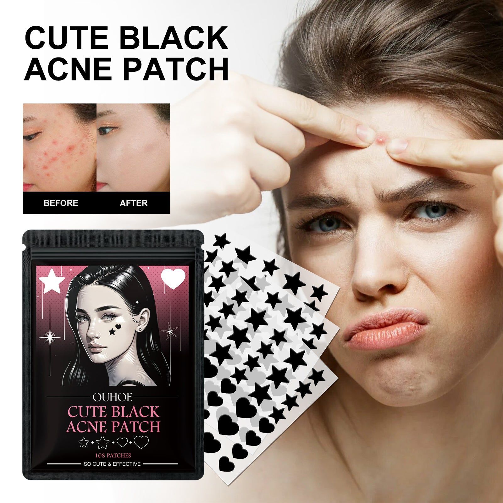 Cute Black Acne Patch, Reduce Acne, Pimple Healing, Blackhead Remover, Skin Care ,108pcs
