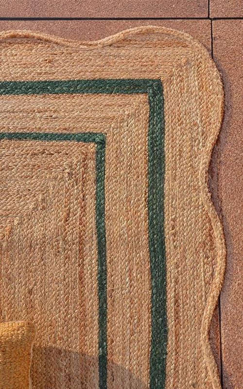Scalloped Rectangle Jute Rug with Green Border Lines | Handmade Natural Area & Runner Carpet