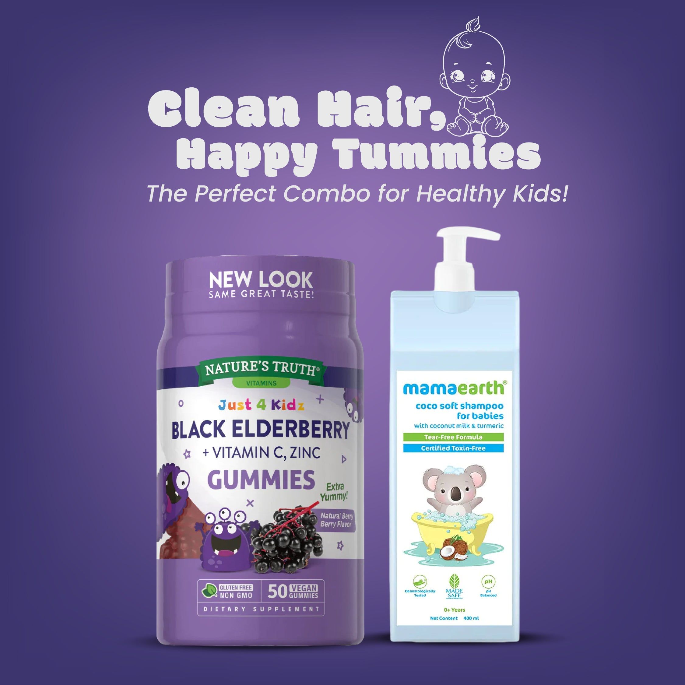 Nature's Truth Kids Black Elderberry With Vitamin C, Zinc + Mamaearth Coco Soft Shampoo For Babies With Coconut Milk & Turmeric 400 Ml