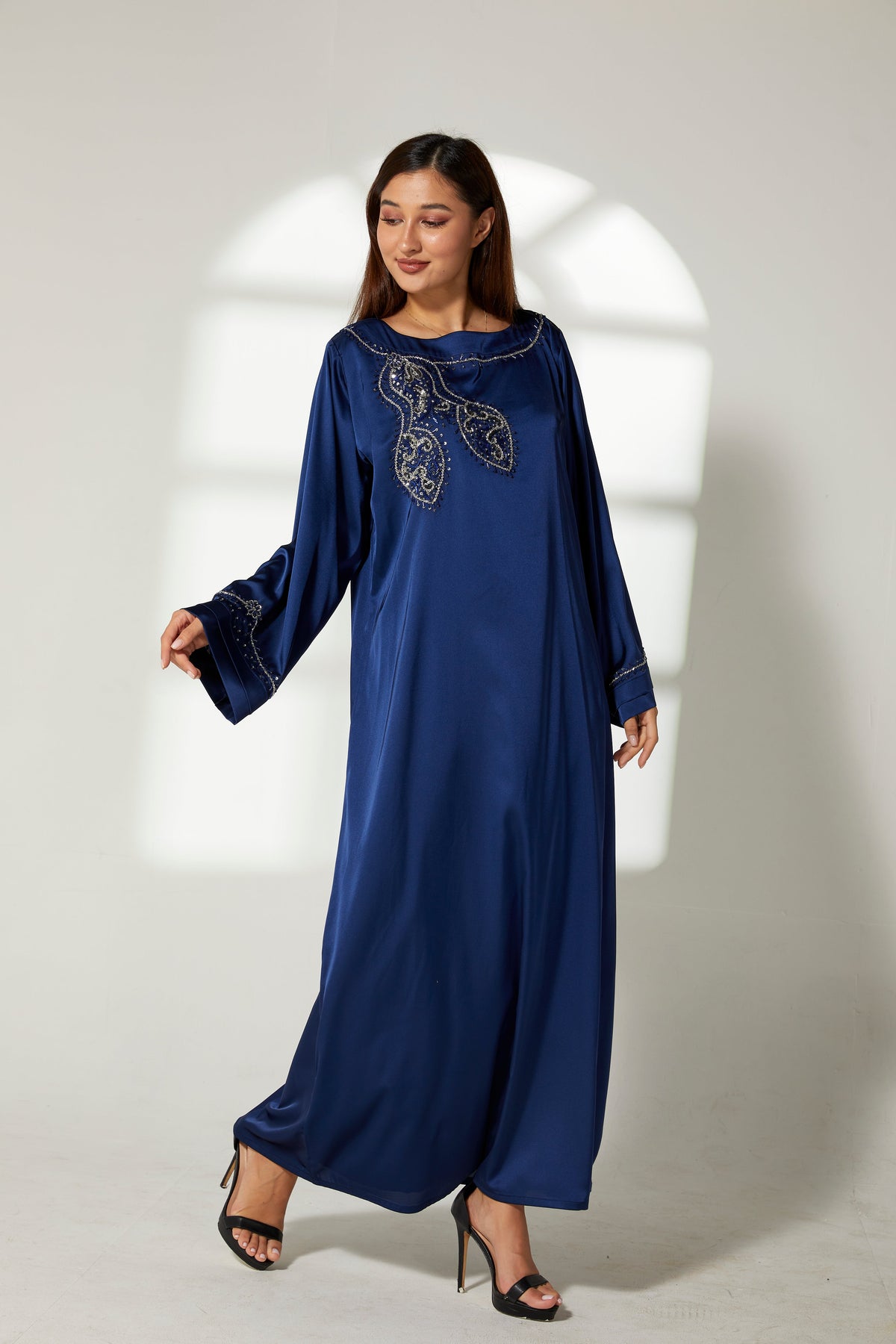 MOiSTREET Navy Silk Hand Embroidered  Kaftan