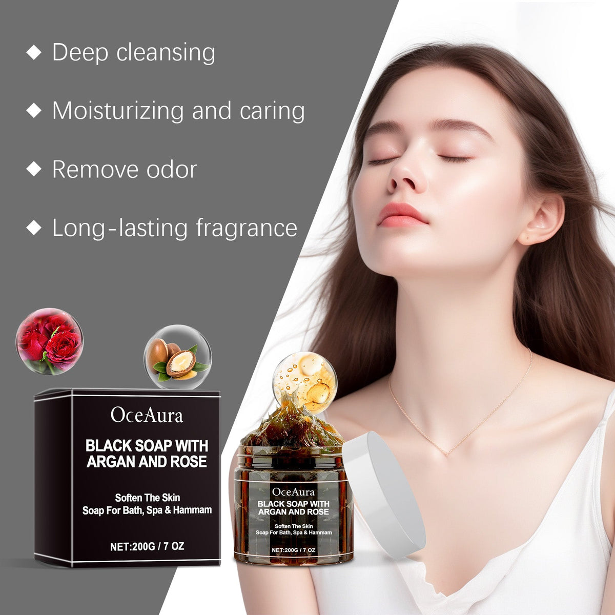 Black Body Cleansing Soap with Argan Rose, Deep Moisturizing, Bacteria-Free, Long-Lasting Freshness ,200g