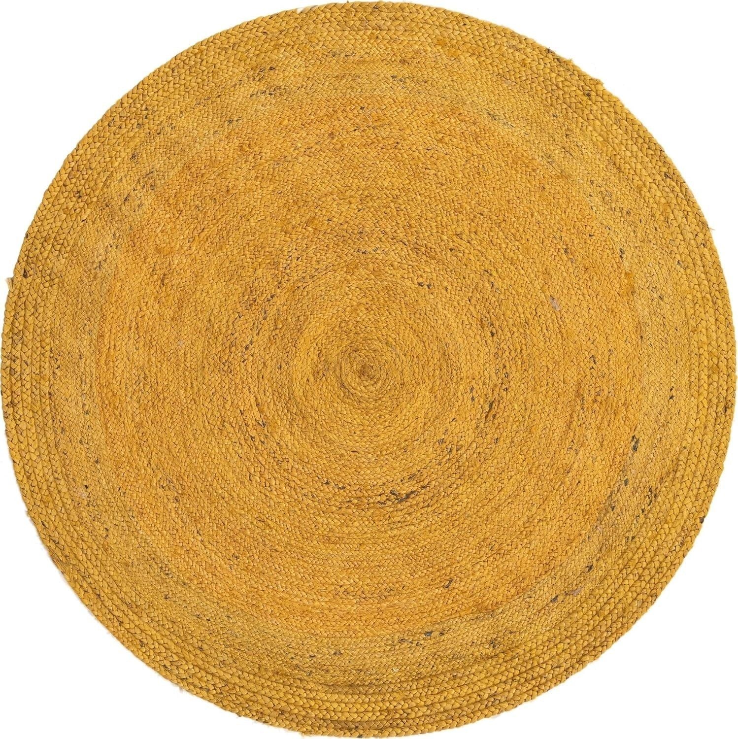 Golden Mustard Round Jute Area Rug | Handwoven Natural Fiber Farmhouse Area Rug