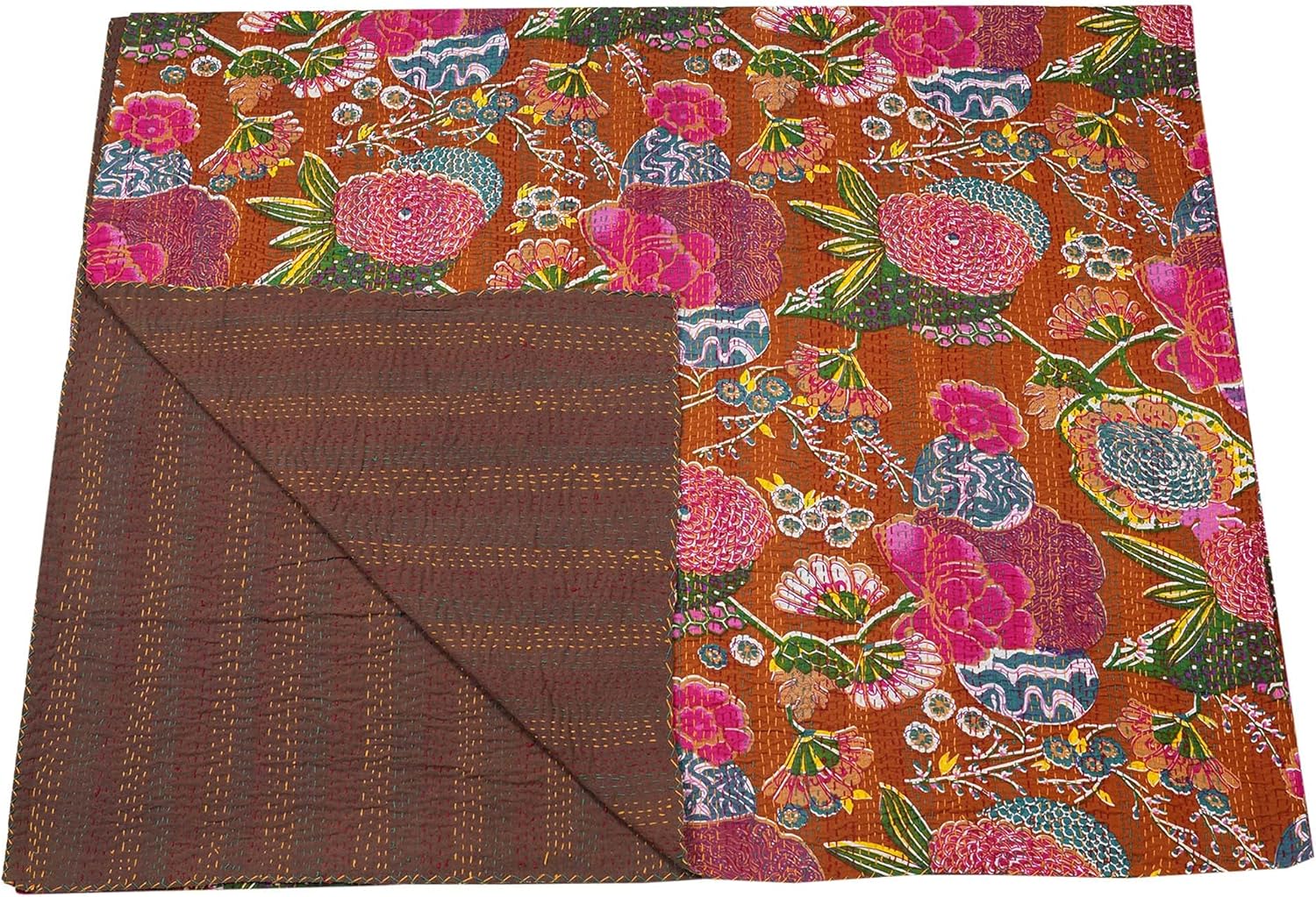 Handmade Brown Kantha Quilt – Floral Cotton Bedspread | Vintage Indian Kantha Blanket