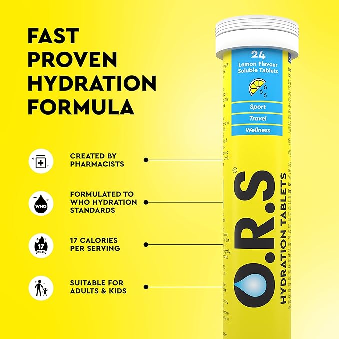 O.R.S Hydration Tablets with Electrolytes Natural Lemon Flavour 96 Tablets (Pack of 4 x 24)