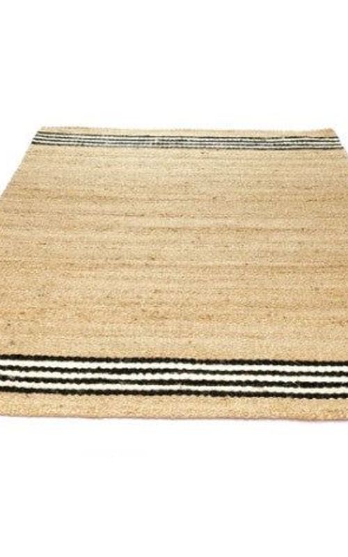 Handmade Beige Natural Jute Rug with Black & White Striped Border