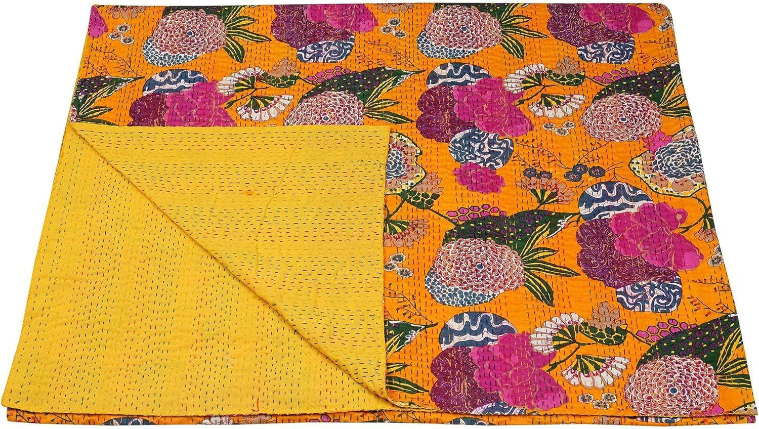 Yellow Kantha Bedcover – Handmade Floral Cotton Quilt | Boho Vintage Bedspread