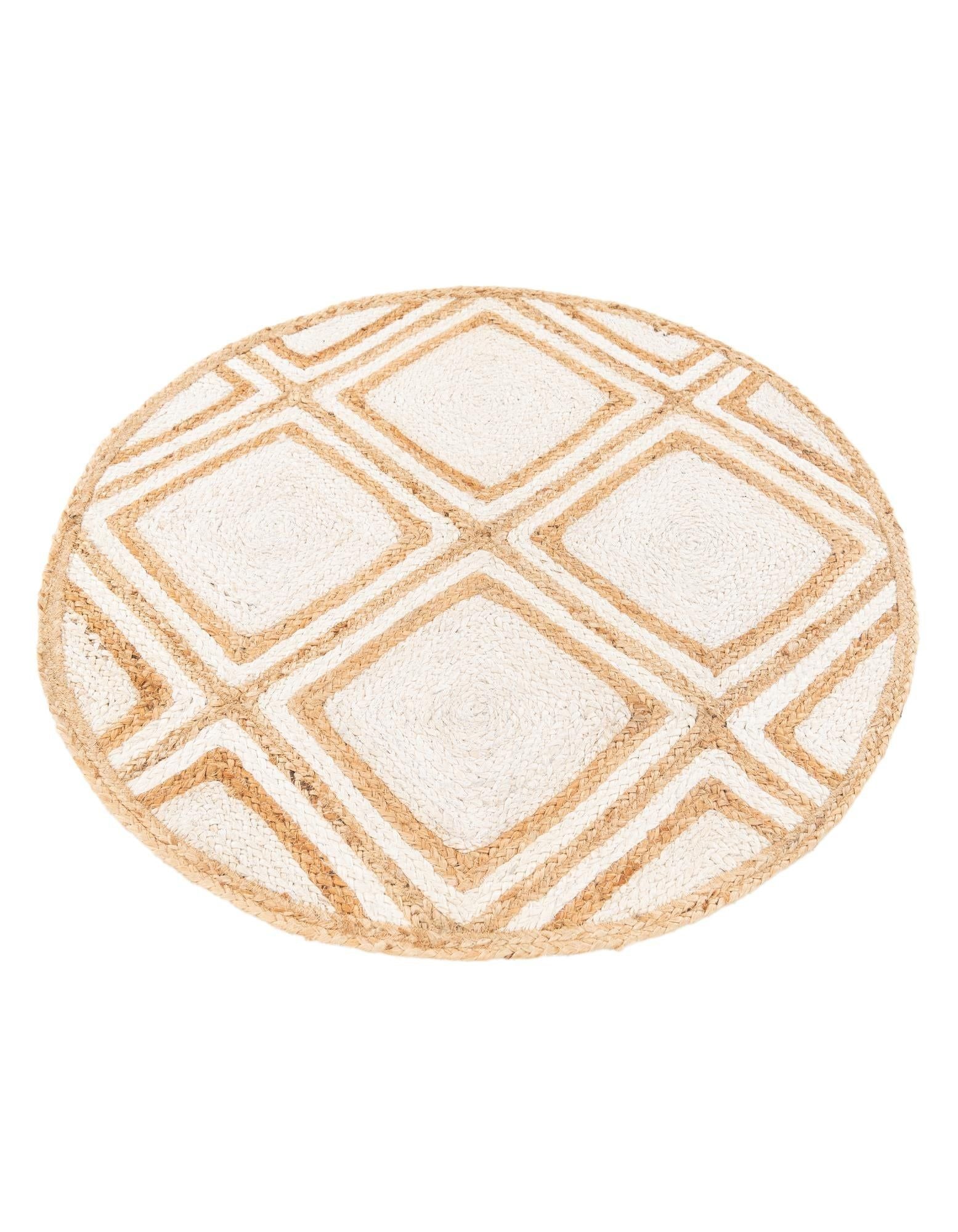 Round Geometric Jute Rug in Ivory & Natural | Modern Minimal Area Carpet
