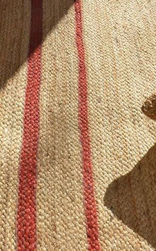 Scalloped Rectangle Jute Rug with Red Border Lines | Handmade Natural Area & Runner Carpet