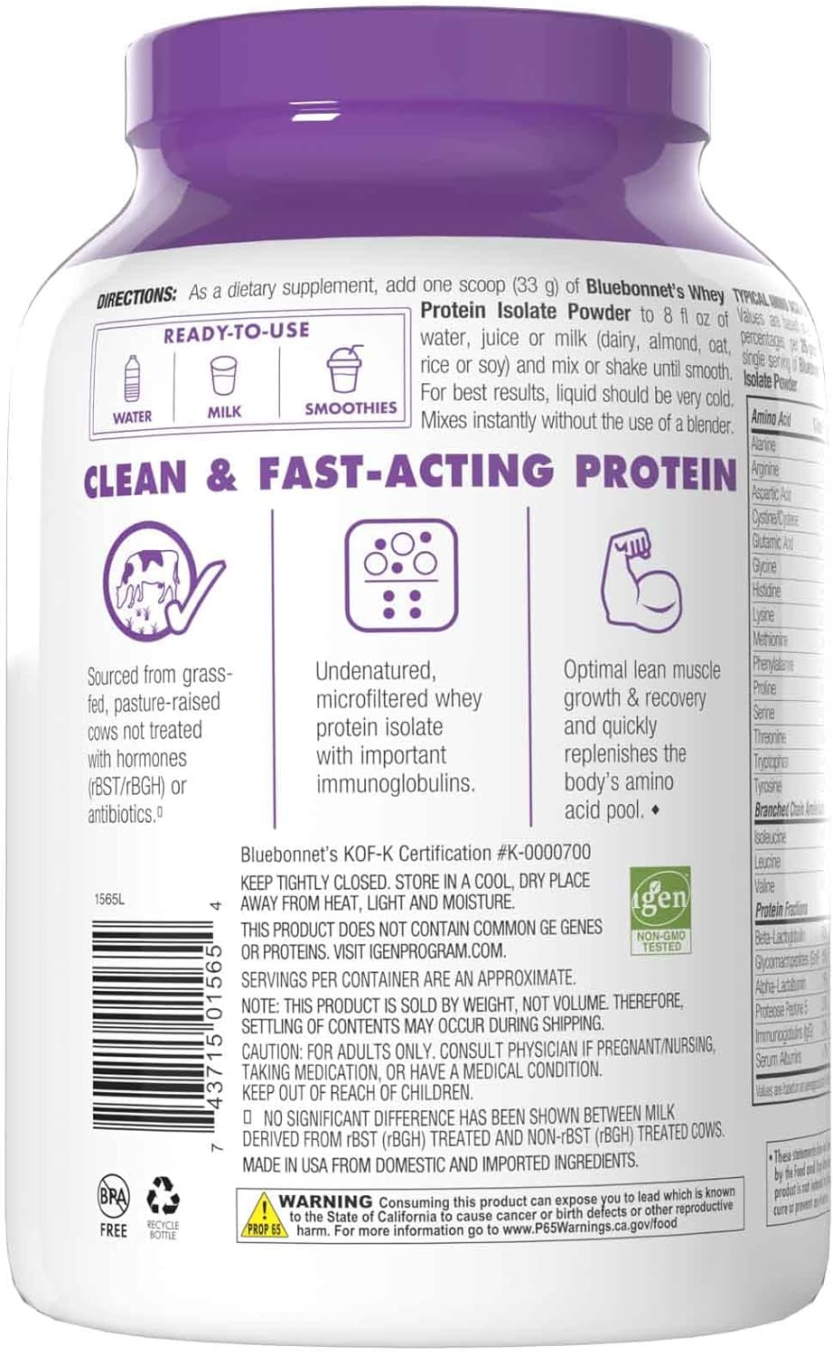Bluebonnet Nutrition Whey Protein Isolate Vanilla Powder, 2 Lb 924G