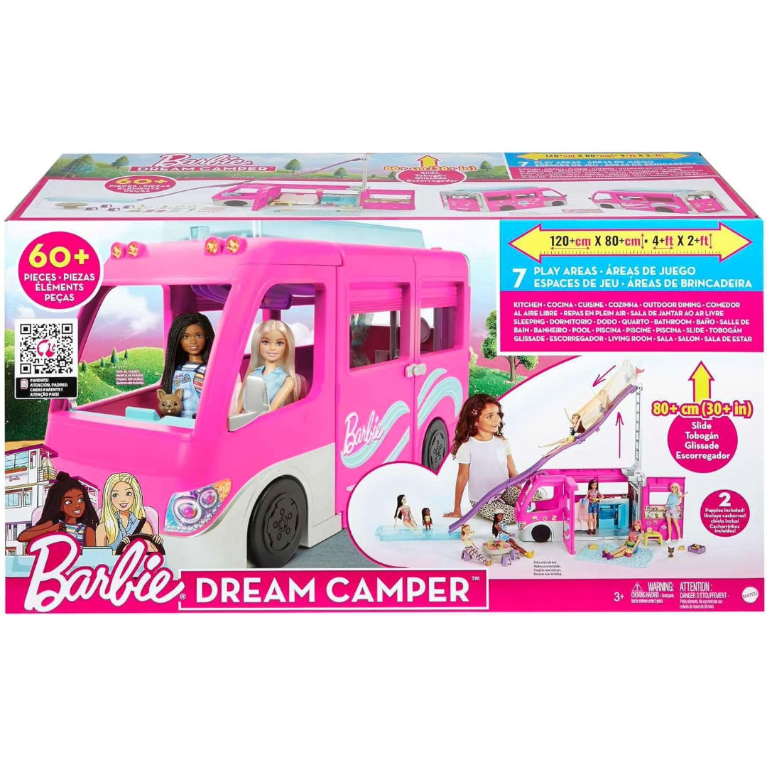 Barbie Dream Camper Playset, Doll Camper with 30 Inch Slide, 7 Play Areas & 60 Accessories