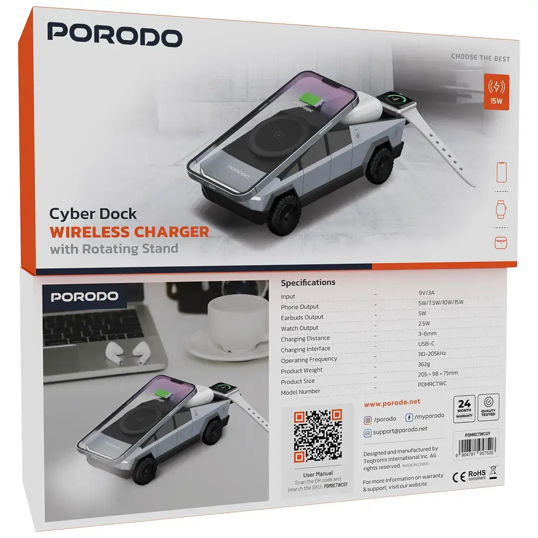 Porodo Cyber Dock Wireless Charger with Rotating Stand, Gray