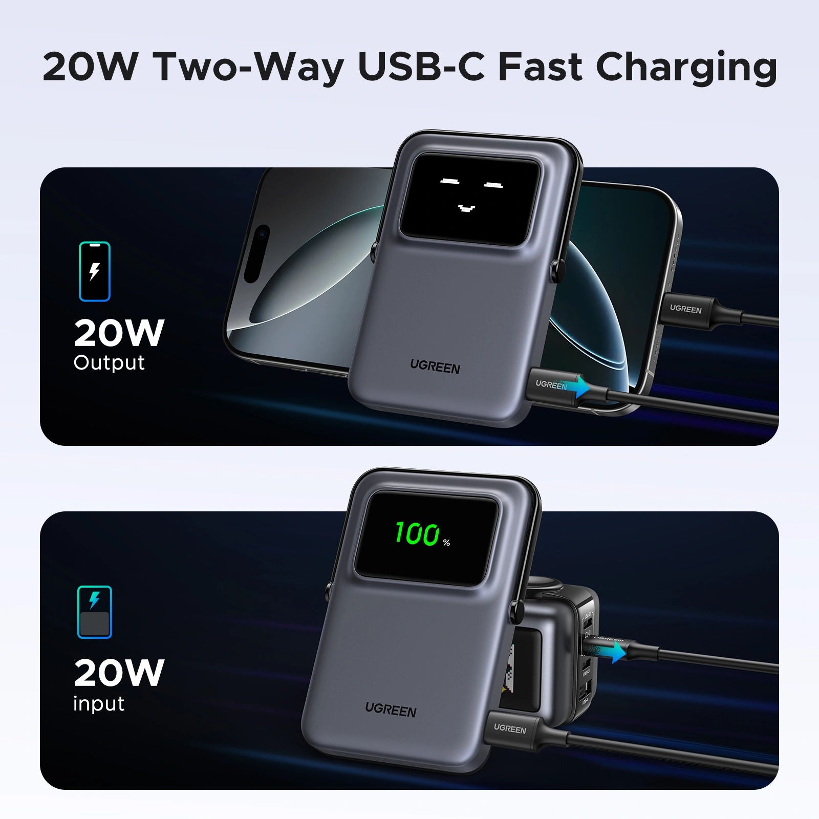 UGREEN PB571 Uno 5000mAh Magnetic Wireless Power Bank with Stand and TFT Display
