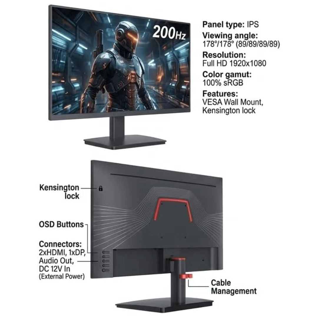 EPICARMA 27 " FHD IPS Gaming Monitor, 200Hz Refresh Rate, 1ms Response Time, Black
