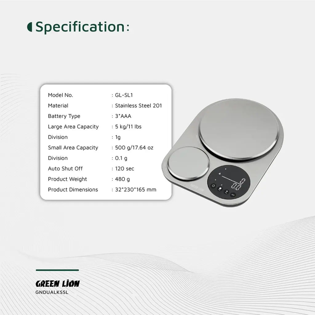 Green Lion Dual Kitchen Scale, Stainless Steel Digital Food Scale with Large & Small Platforms, Silver