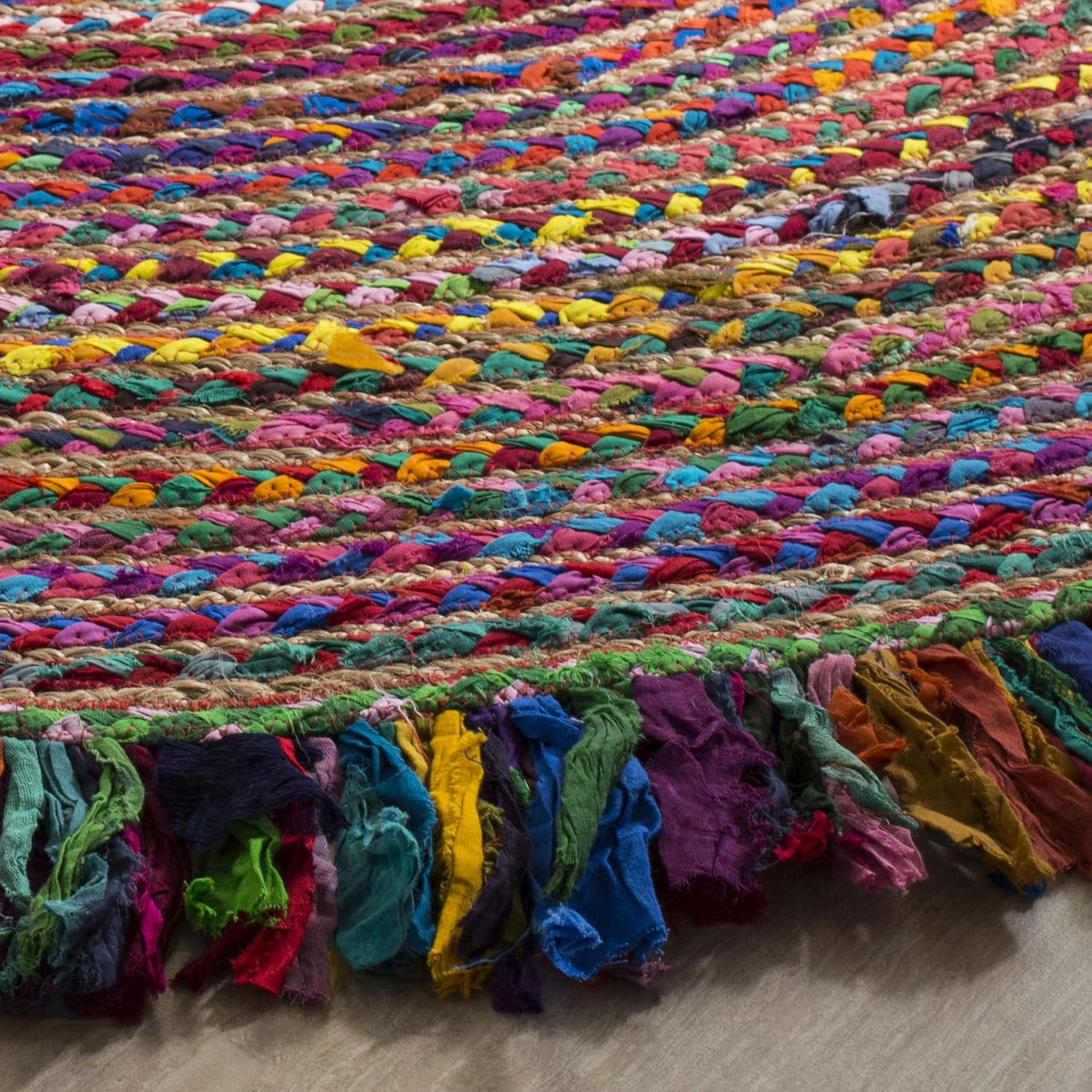 Multicolor Round Jute Cotton Rug with Tassels | Handmade Boho Fringe Area Rug