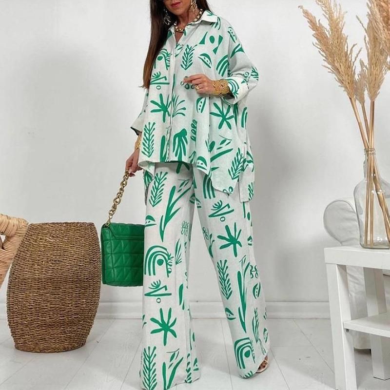 Plus-Size Women's Loose Button-Up Shirt & Straight-Leg Pants Set