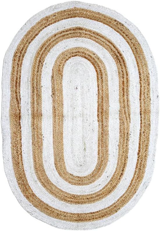 Blue & Natural Oval Jute Rug | Handwoven Striped Area Carpet for Living Room