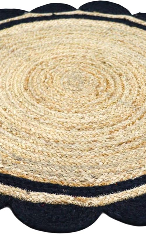 Natural Jute Round Area Rug with Black Scalloped Border – Handmade Eco-Friendly Floor Carpet for Living Room & Bedroom
