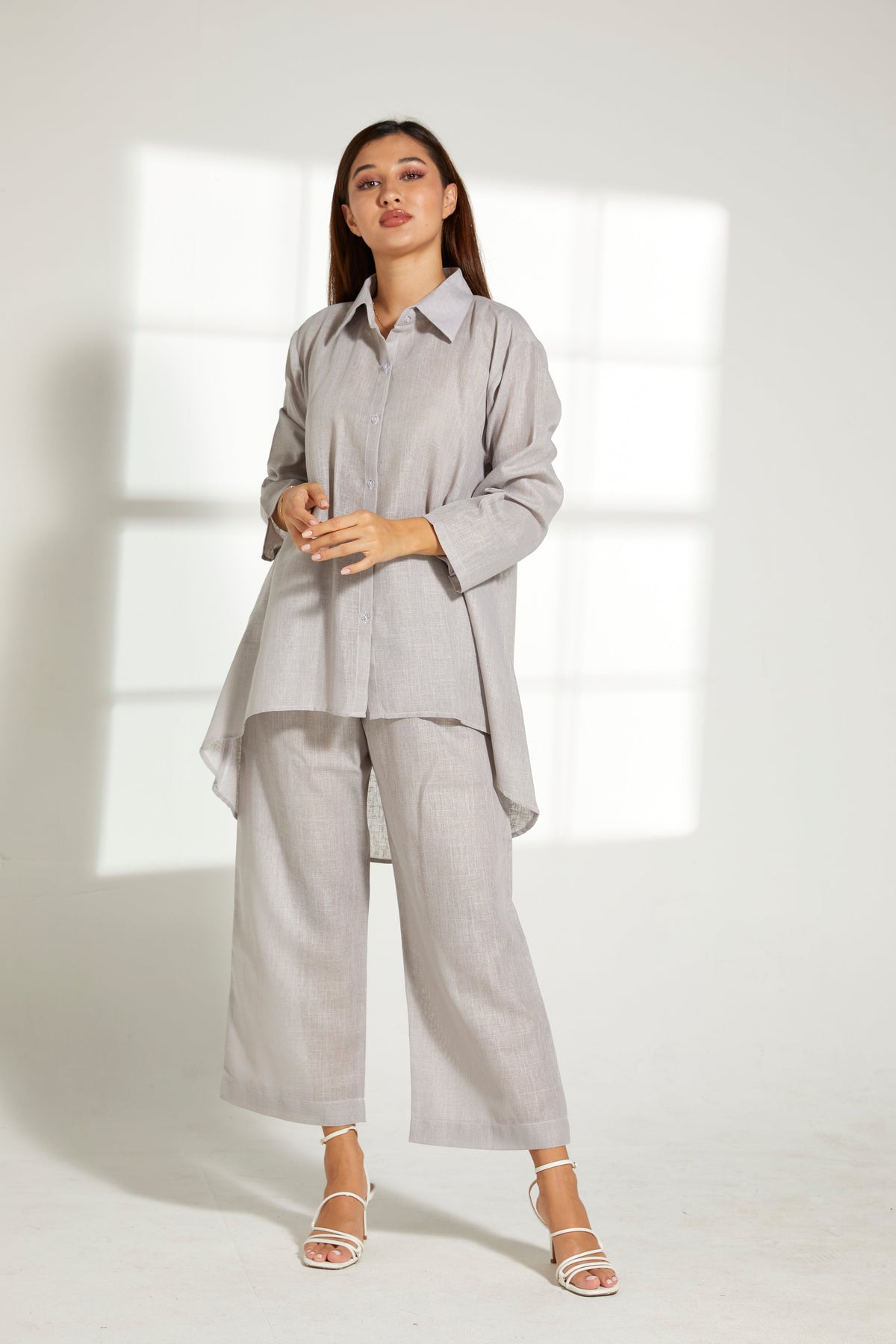 MOiSTREET Grey Linen Fabric Top and Pants Set