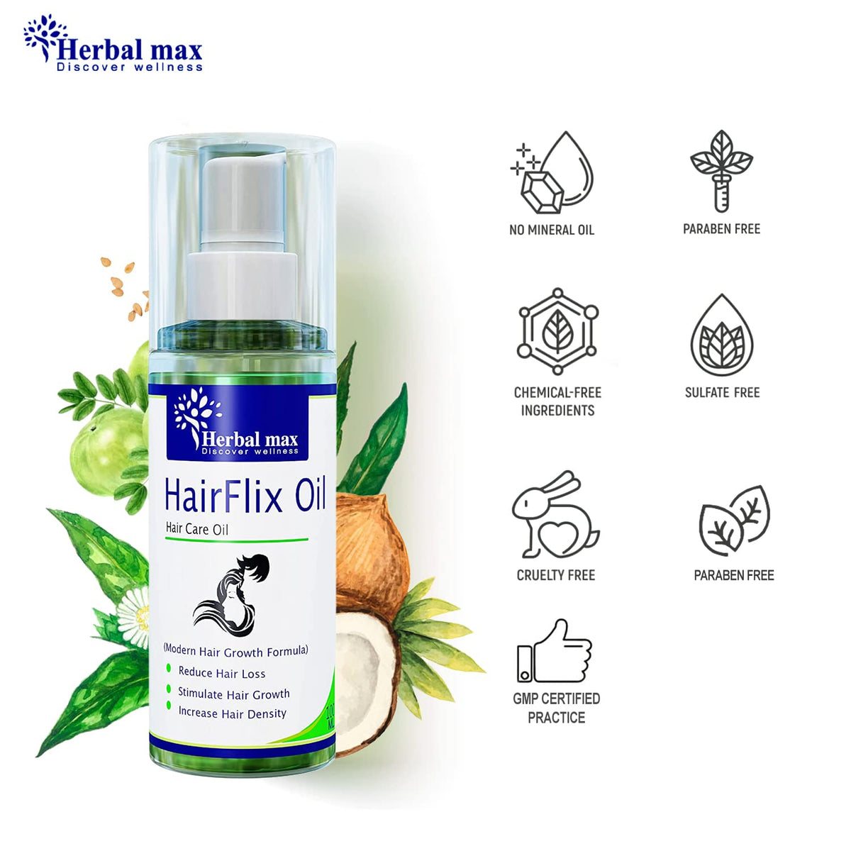 Herbal max Ayurveda Bhringraj Hair Oil For Hair Fall and Hair Growth For Men and Women - SLS, Mineral Oil and Paraben Free - HairFlix Oil (100 ml)