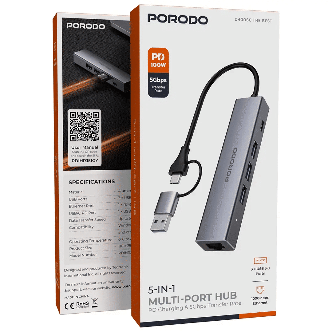 Porodo 5-IN-1 Multi-Port Hub PD Charging