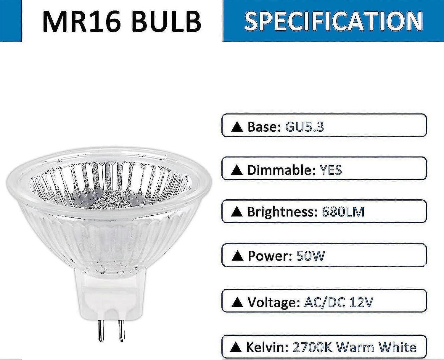 Halogen Bulb Gu5.3 50w 12v, 800lm Warm White 2700k Dimmable, Halogen Spotlight Bulb Mr16, Pack Of 6