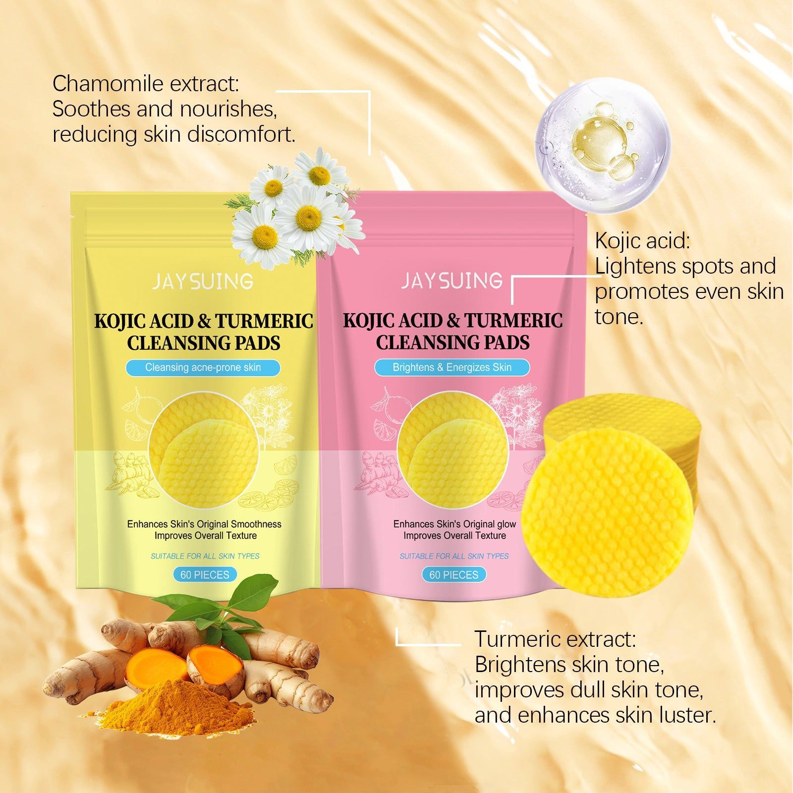 Brightening Facial Cleansing Pads with Kojic Acid, Turmeric, Moisturizing, Pore Refining ,60Pcs