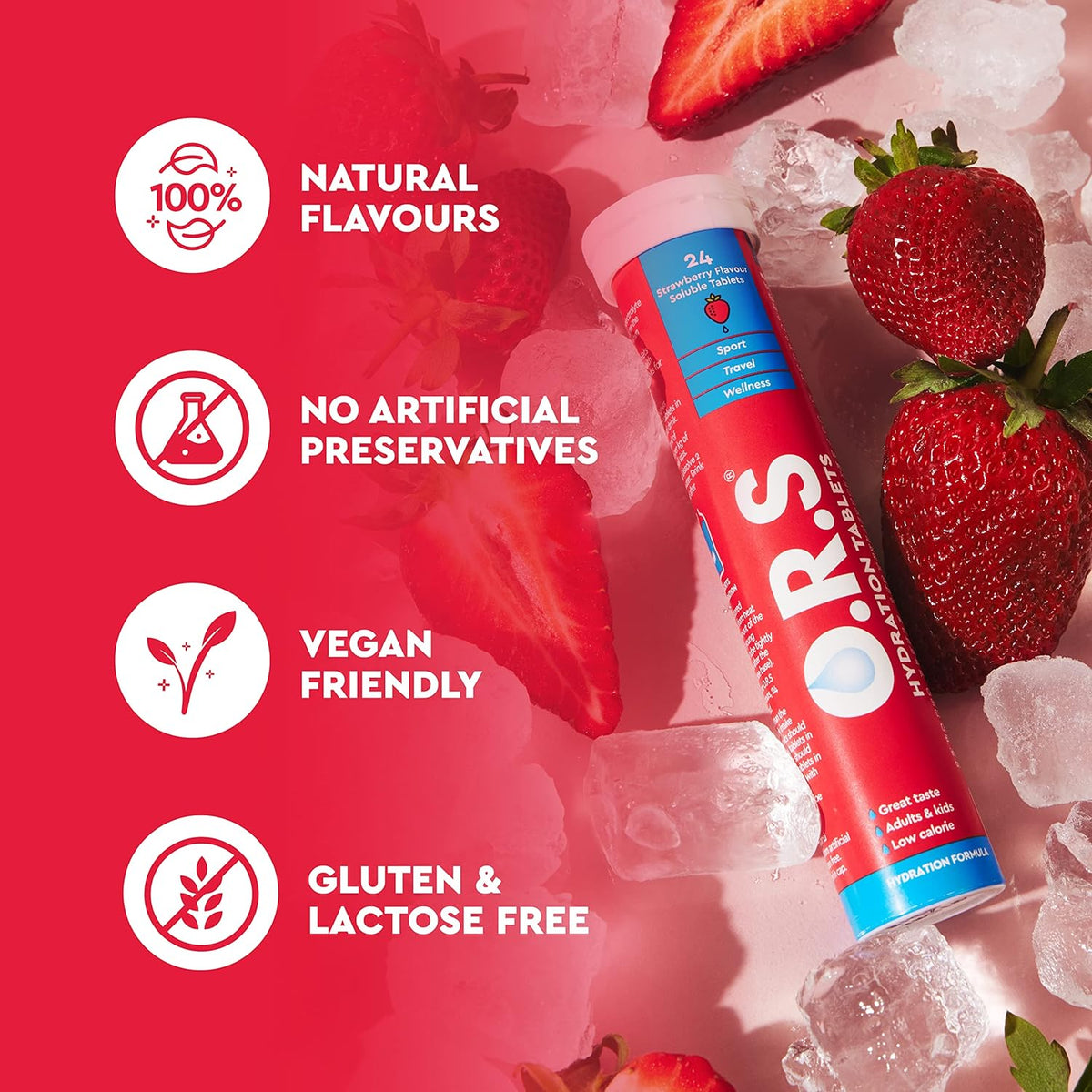 O.R.S Hydration Tablets With Electrolytes, Vegan, Gluten And Lactose Free Formula – Soluble Sports Hydration Tablets With Natural Strawberry Flavour, 72 Tablets (Pack Of 3 x 24)