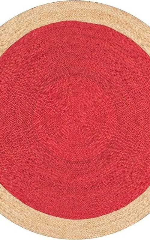 Round Jute Area Rug with Red Center & Natural Border | Handwoven Boho Area Carpet