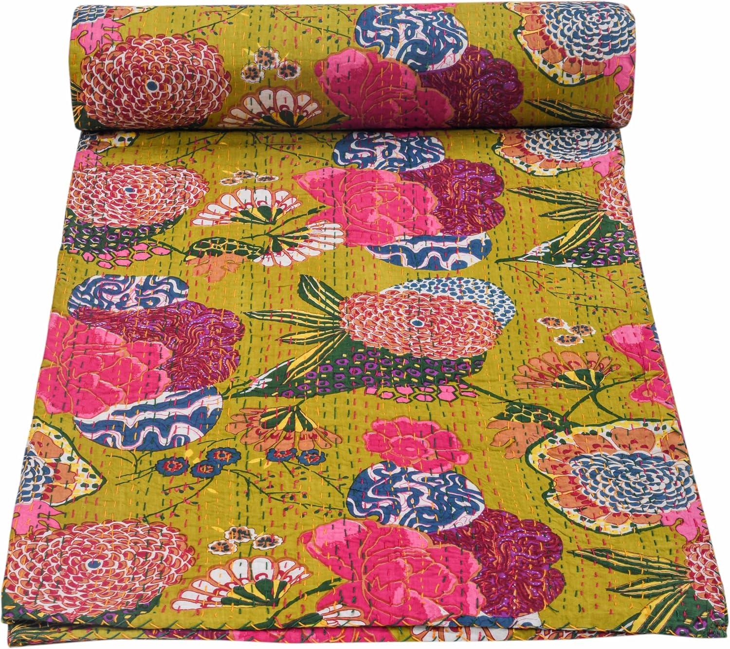 Mehndi Green Kantha Quilt Cotton Bedspread | Handmade Floral Indian Bedding