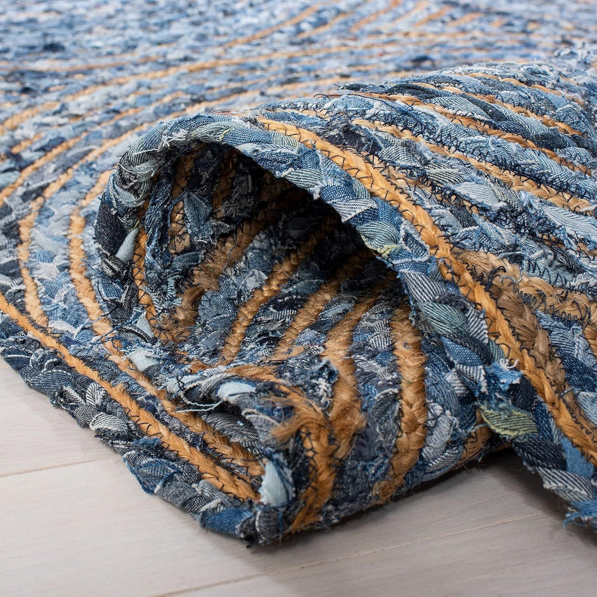 Blue Denim & Jute Round Rug with Spiral Pattern | Handmade Modern Boho Area Rug